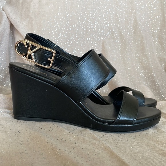 Brand New Calvin Klein Platform Black & Gold Tone Ankle Strap Buckle Sandals - Picture 7 of 13